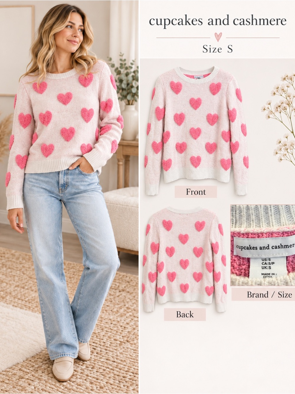 cupcakes & cashmere Pink Heart Crewneck Sweater